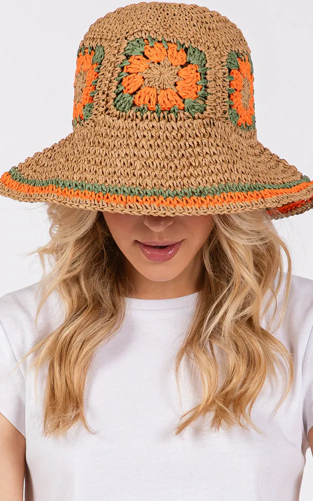 MH0225 FLORAL CROCHET STRAW BUCKET HAT