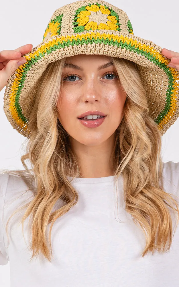 MH0225 FLORAL CROCHET STRAW BUCKET HAT
