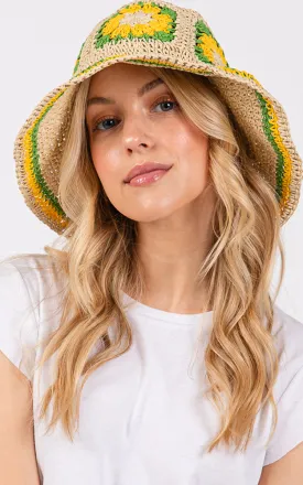 MH0225 FLORAL CROCHET STRAW BUCKET HAT