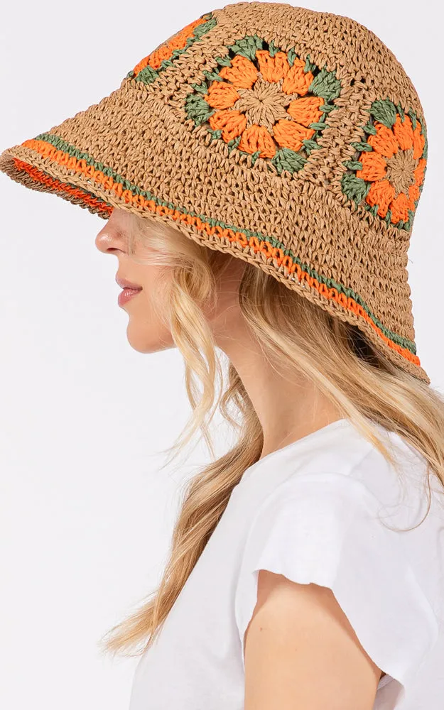 MH0225 FLORAL CROCHET STRAW BUCKET HAT