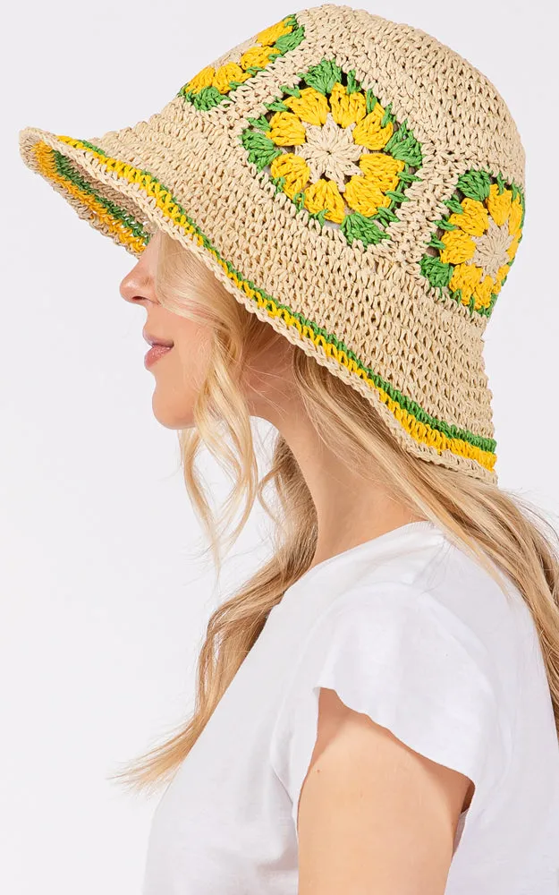 MH0225 FLORAL CROCHET STRAW BUCKET HAT