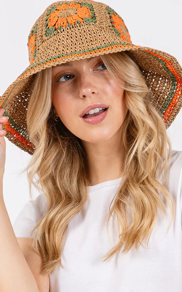 MH0225 FLORAL CROCHET STRAW BUCKET HAT