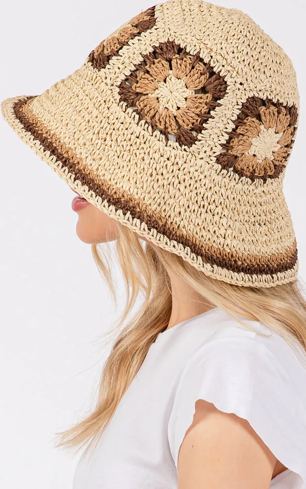 MH0225 FLORAL CROCHET STRAW BUCKET HAT