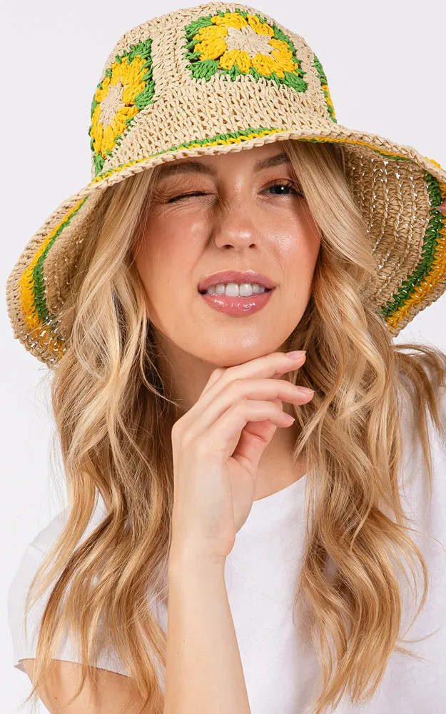 MH0225 FLORAL CROCHET STRAW BUCKET HAT