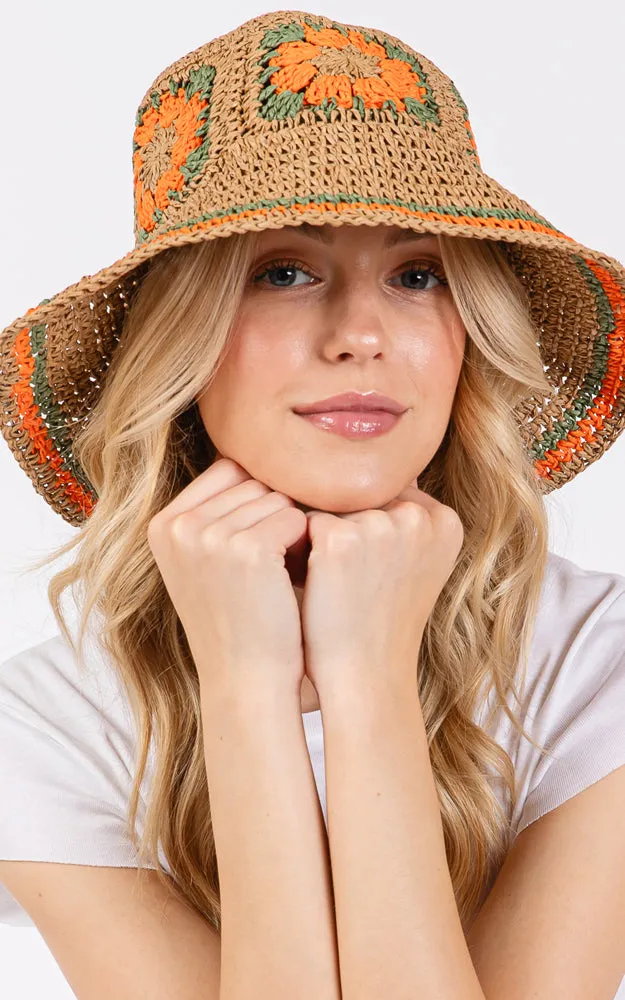 MH0225 FLORAL CROCHET STRAW BUCKET HAT