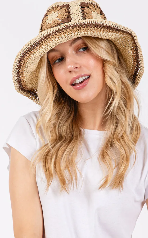 MH0225 FLORAL CROCHET STRAW BUCKET HAT