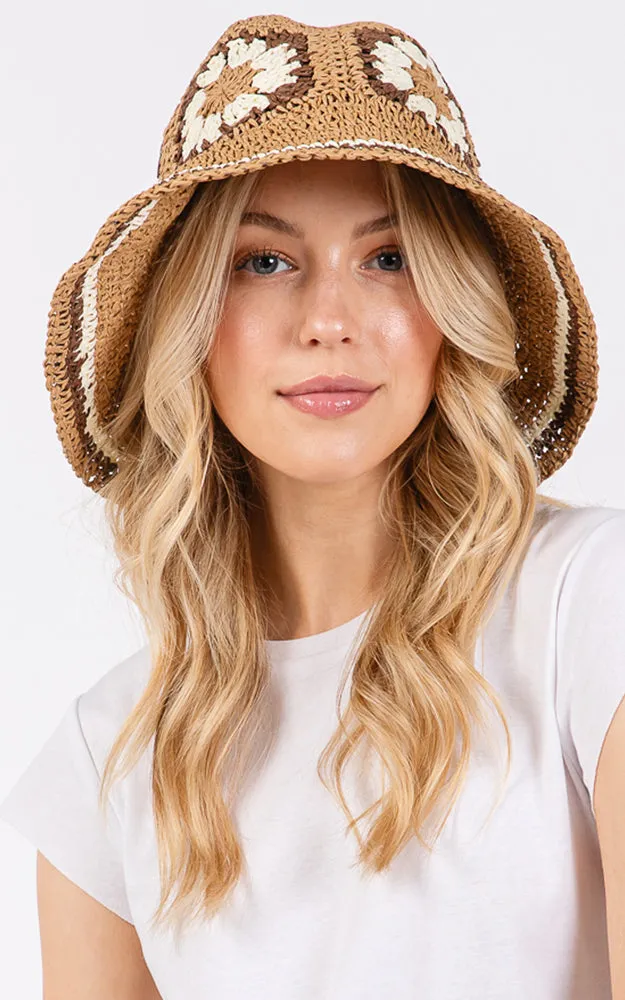MH0225 FLORAL CROCHET STRAW BUCKET HAT