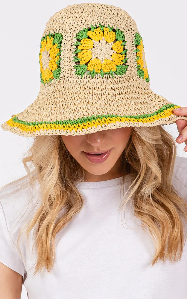 MH0225 FLORAL CROCHET STRAW BUCKET HAT