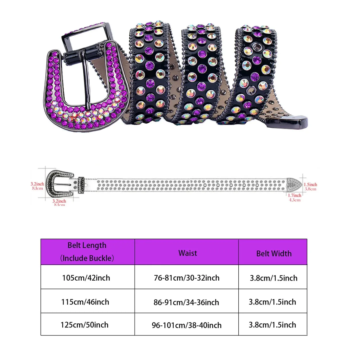 Sparkle Rhinestone Western Cowboy Belt - Purple Crystal Studded Strap for Jeans