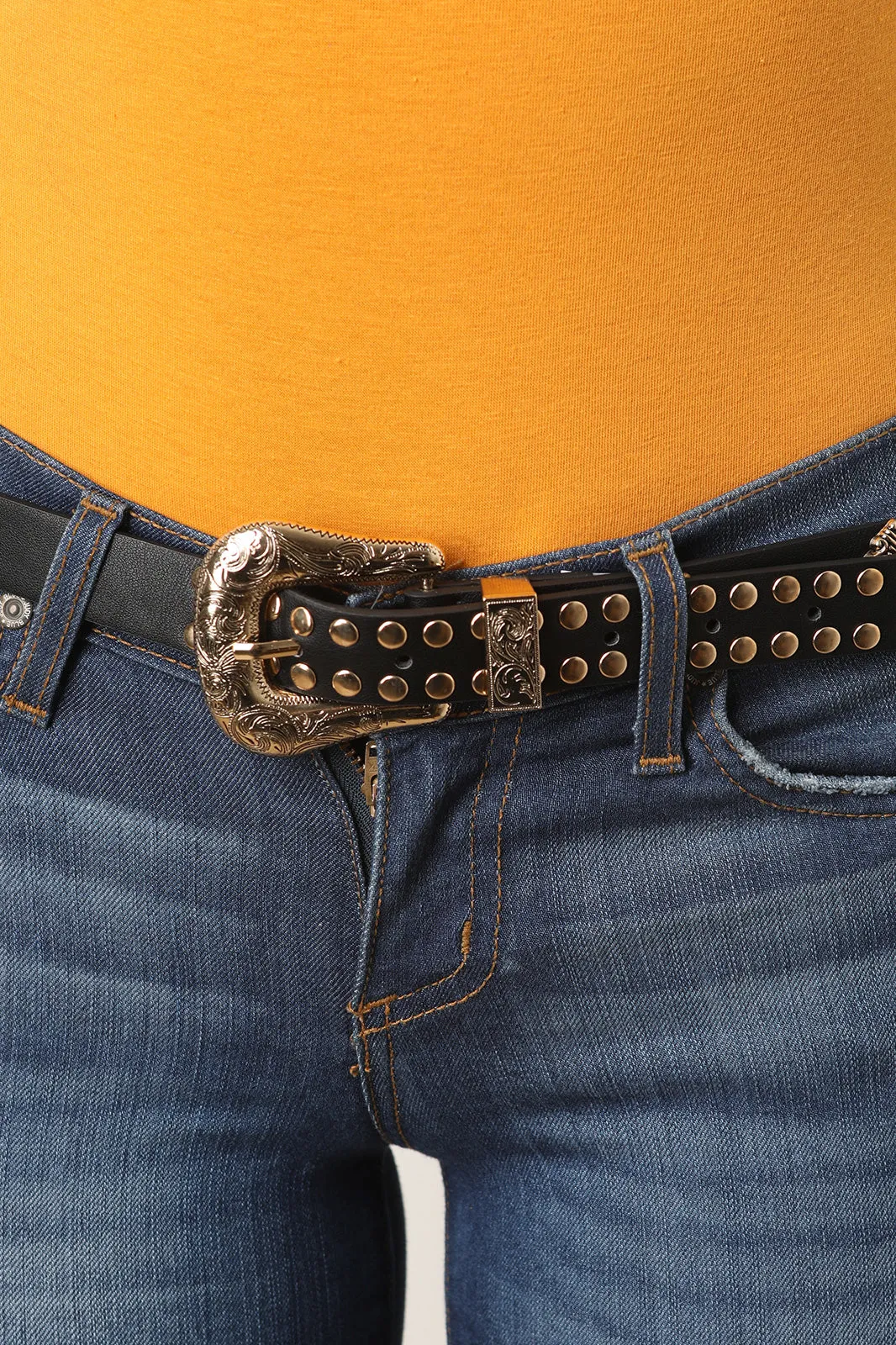 Studded Medallion Etched Buckle Belt
