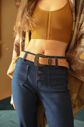 Vegan Suede Antique Gold Western Buckle Belt