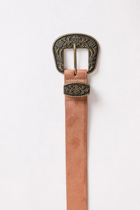 Vegan Suede Antique Gold Western Buckle Belt