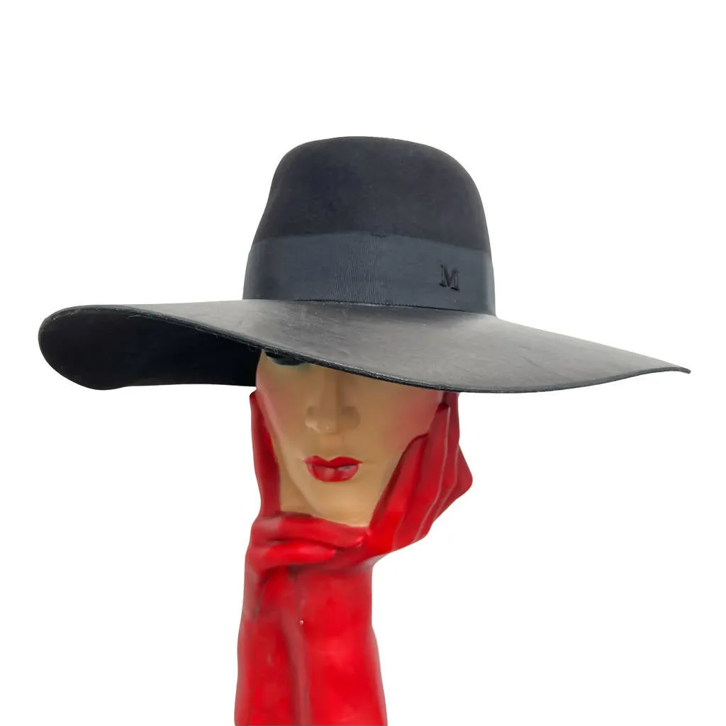Vintage Masion Michel Paris All Black Chic Leather Felt Wide Brim Hat